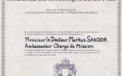 In 1989 I was appointed Ambassador of Peace by the Organization  Mondiale de la Presse Diplomatique, Brussels, Belgium.