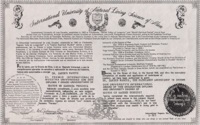 My doctor's degree of Sacred Theology by the International  University of Natural Living Science of Man.