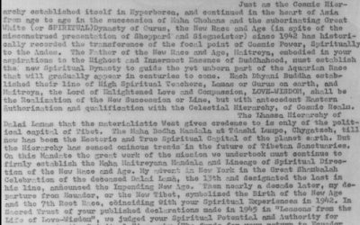 Letter from the Maha Cohan of the 6th Root Race to the Maha Cohan of the 7th Root Race, from Kuthumi Lal Singh to Prof. Johnny Love-Wisdom, 2 st page