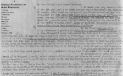 Letter from the Maha Cohan of the 6th Root Race to the Maha Cohan of the 7th Root Race, from Kuthumi Lal Singh to Prof. Johnny Love-Wisdom, 1 st page